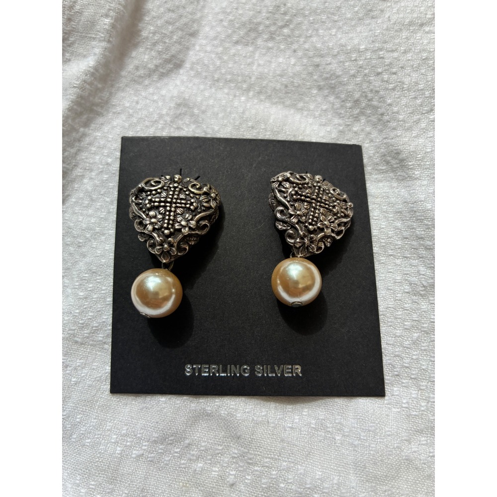 Andrea Barnett Sterling Silver Heart Cross Pearl Drop Earrings Victorian Style